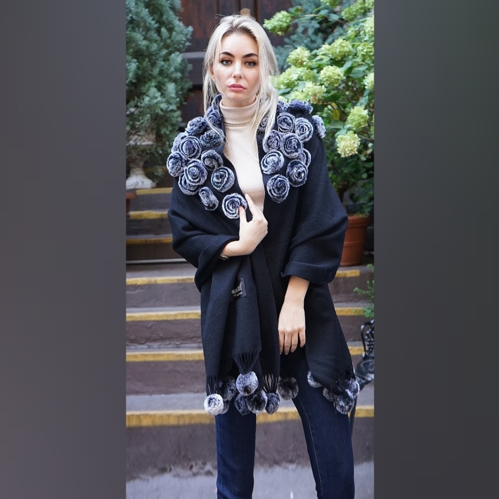 Black Wool Cashmere Cape Rex Rabbit Flowers